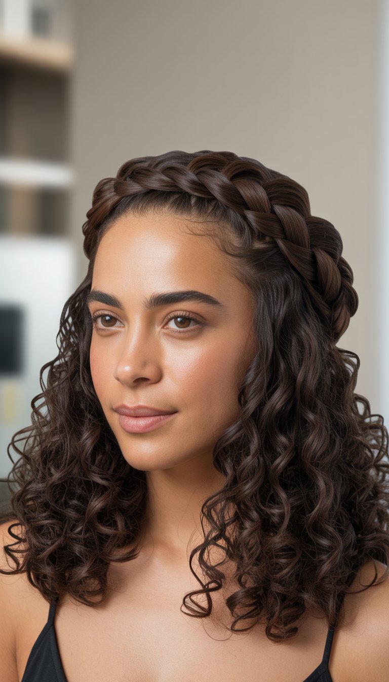 A woman with a braided crown hairstyle and loose curls looking calmly at the camera against a neutral background.