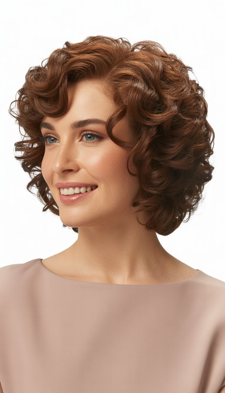 A smiling woman with a voluminous curly bob hairstyle in a studio setting.