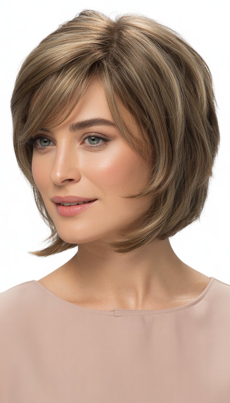 A woman with a short layered haircut and side bangs, looking slightly to the side against a plain background.
