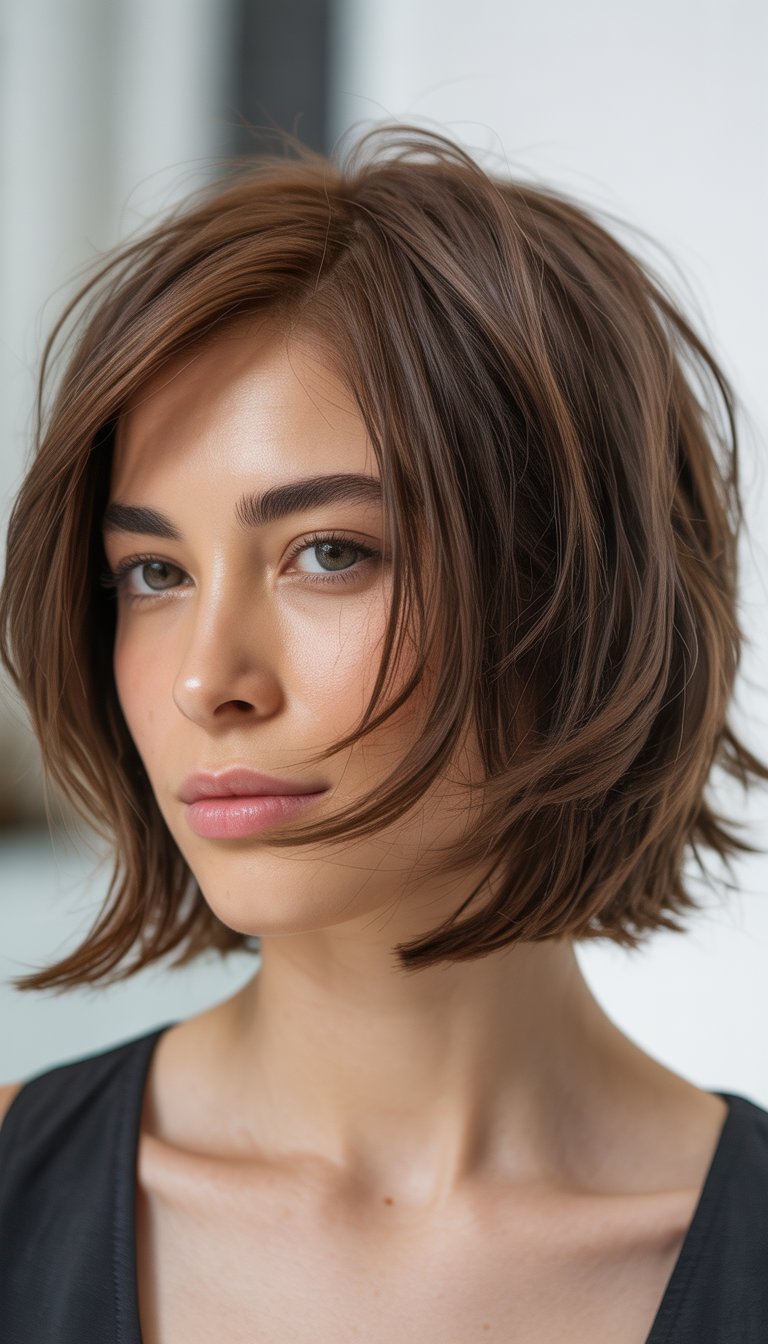 Portrait of a woman with a short layered bob haircut against a plain background.