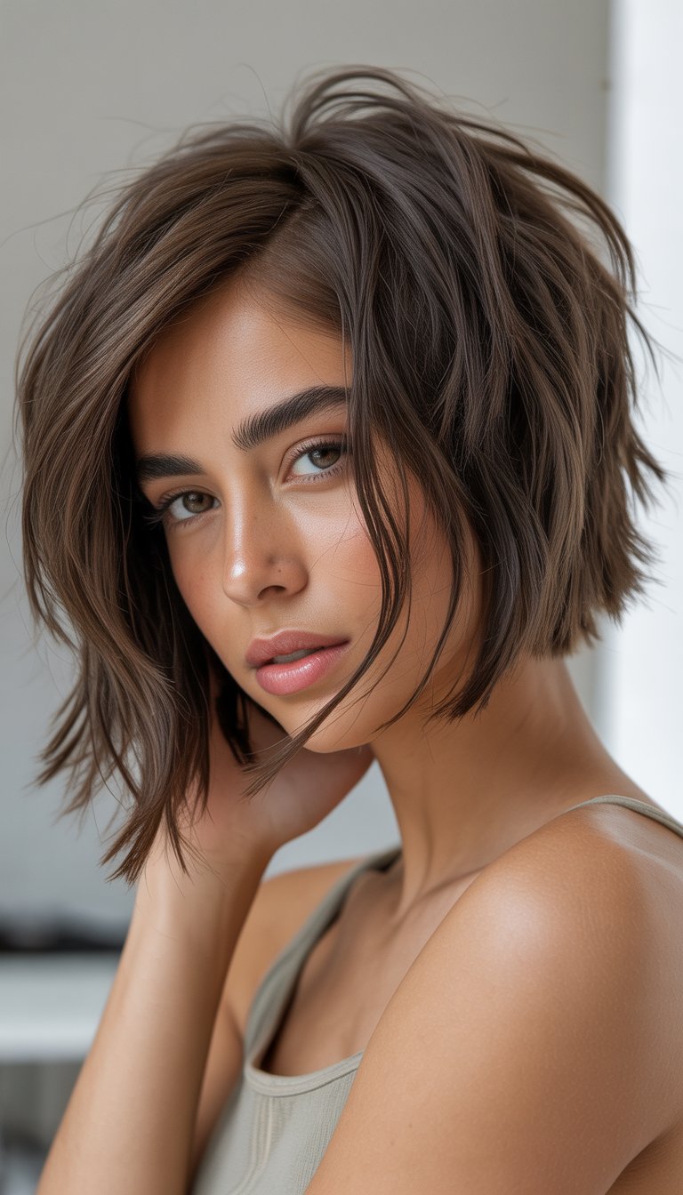 A young woman with a short, layered bob hairstyle looking confidently at the camera against a plain background.
