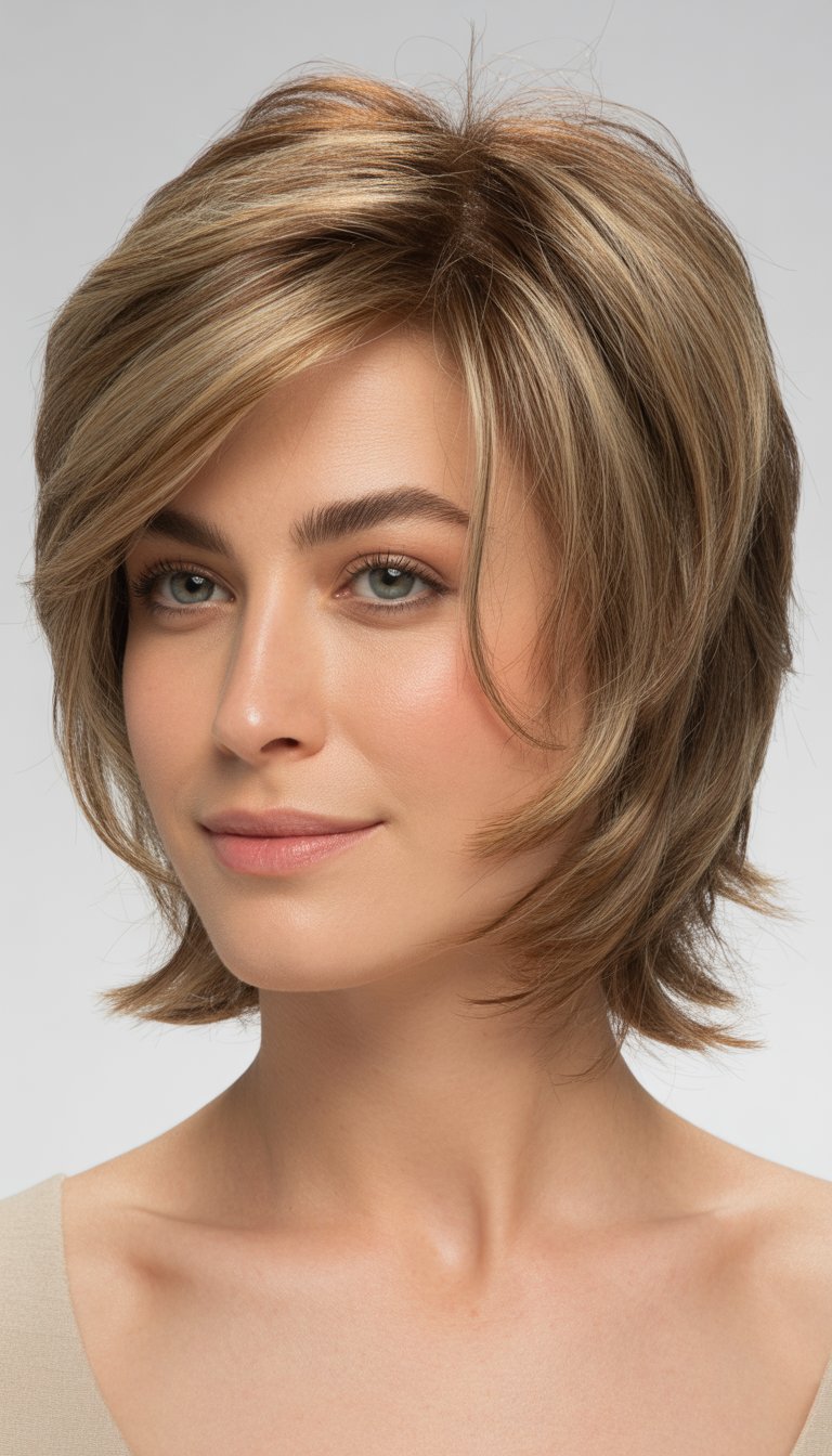 Portrait of a woman with a short layered bob hairstyle, smiling softly against a plain background.