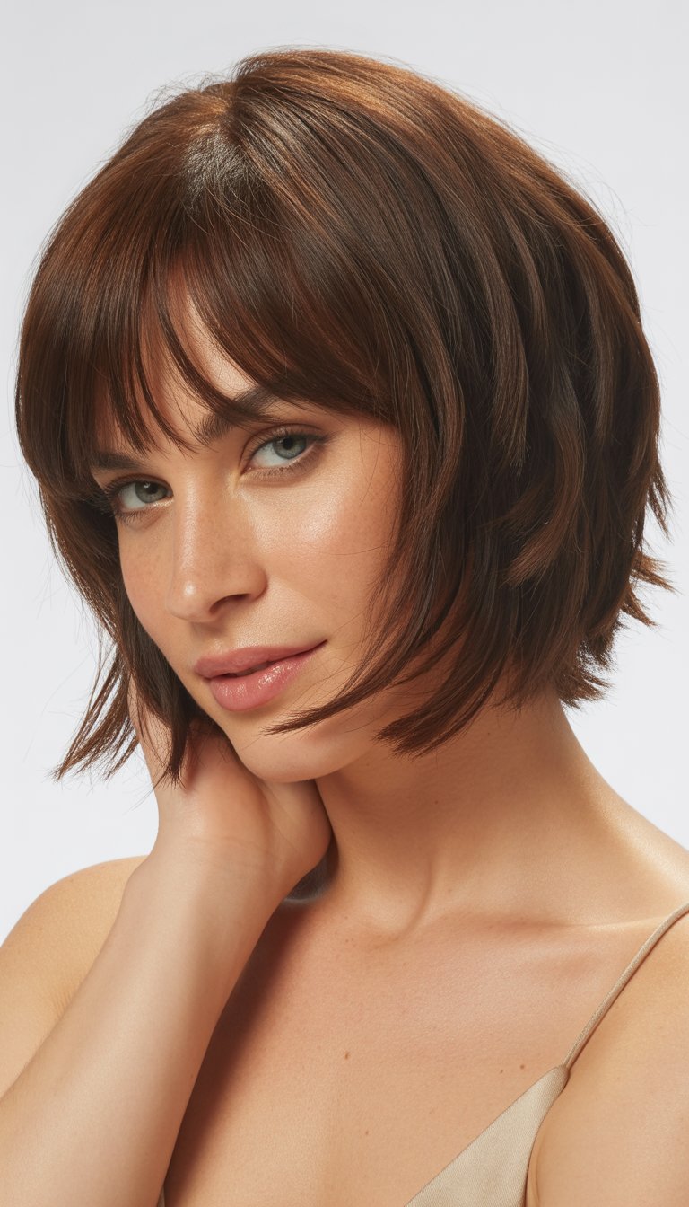 A woman with a short layered haircut and bangs, looking confidently at the camera against a plain background.