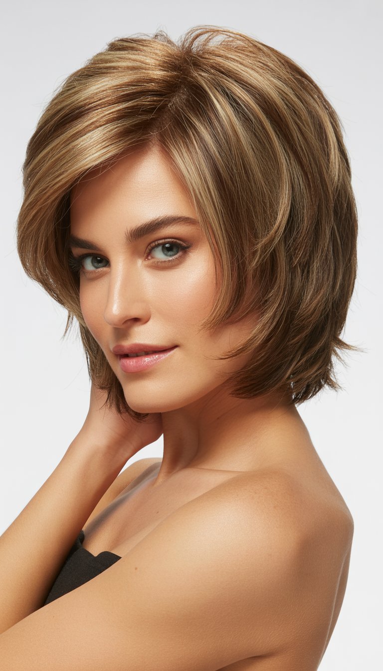 A woman with a layered bob hairstyle posing in a studio with a neutral background.