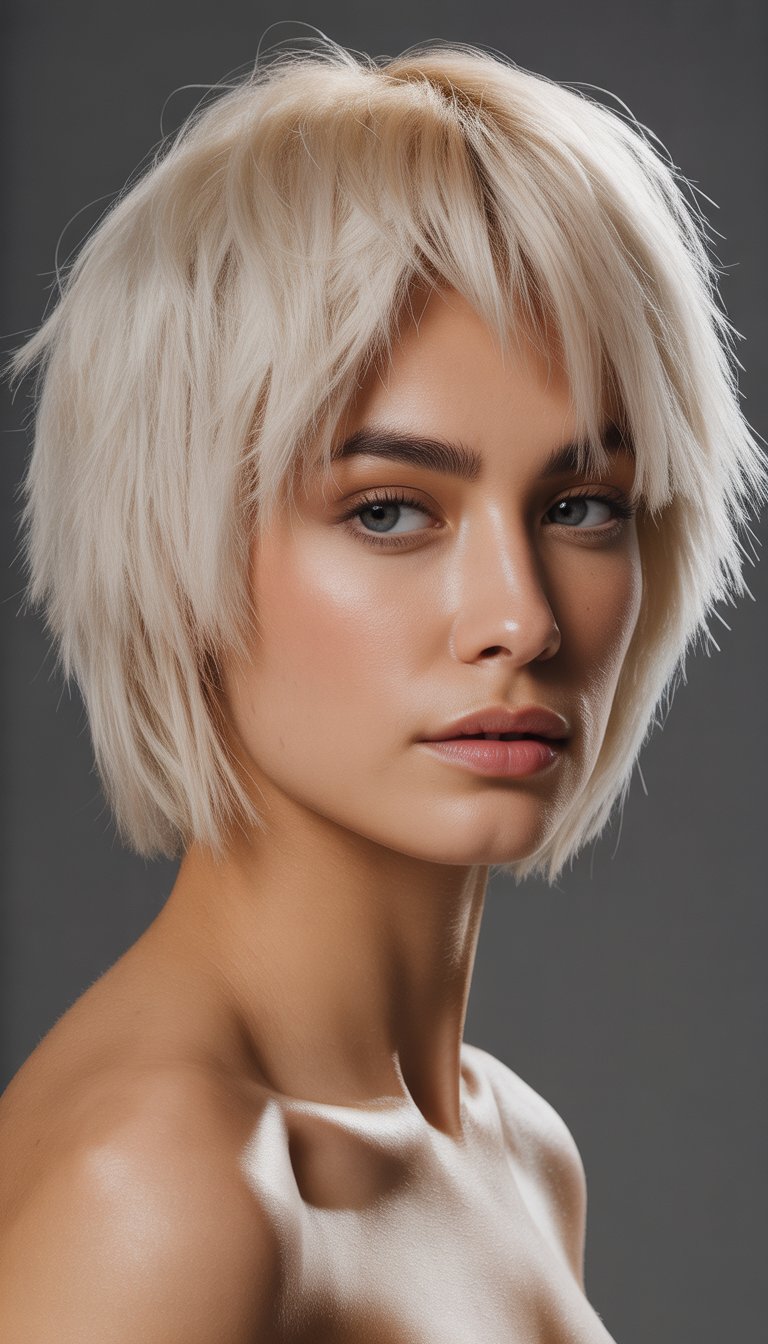 Close-up portrait of a young woman with short platinum blonde hair and a choppy bob hairstyle.