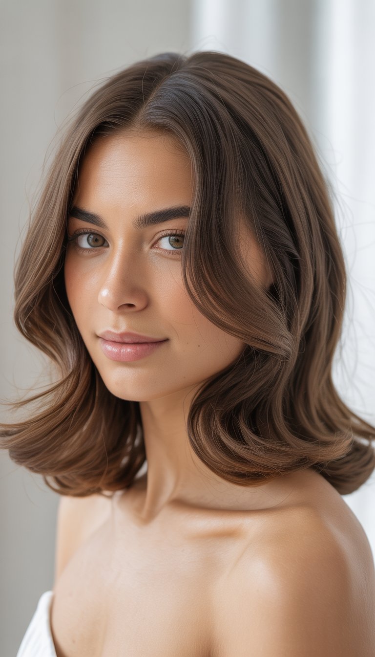 A woman with medium-length wavy hair parted in the middle, looking at the camera against a plain background.