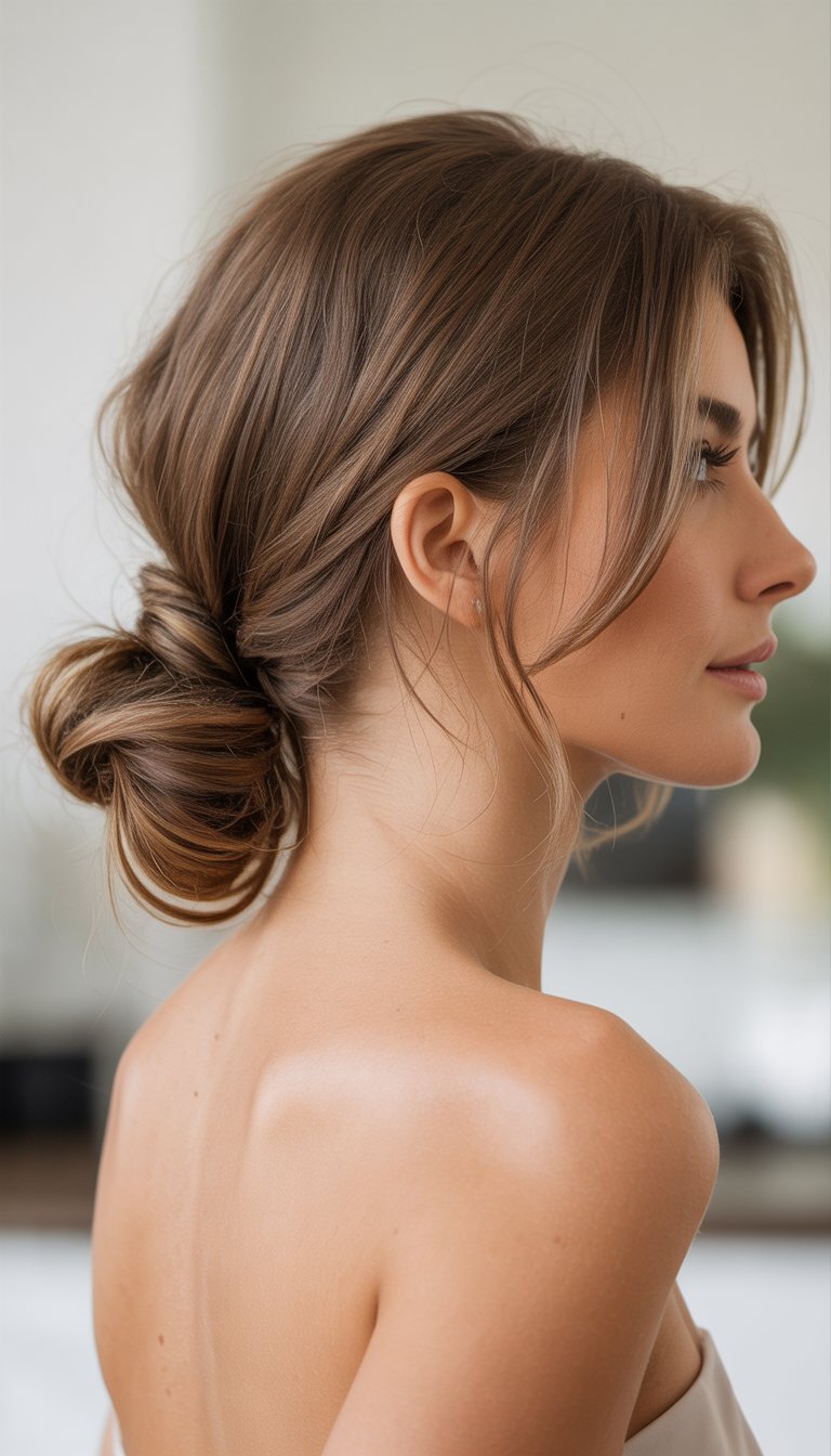 Portrait of a woman with medium-length hair tied in a low messy bun, looking calm and confident against a neutral background.