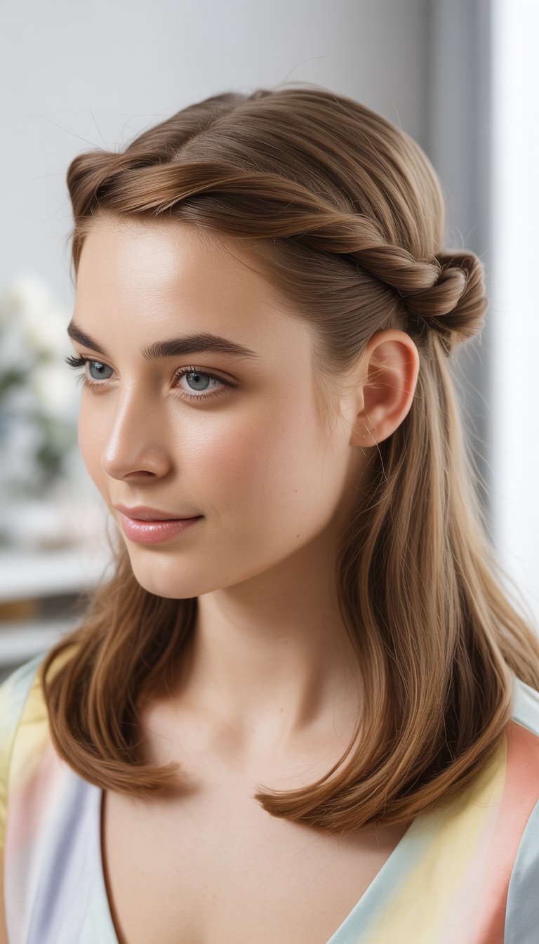 Young woman with medium-length hair styled half-up with twists pinned at the back, smiling softly against a blurred neutral background.