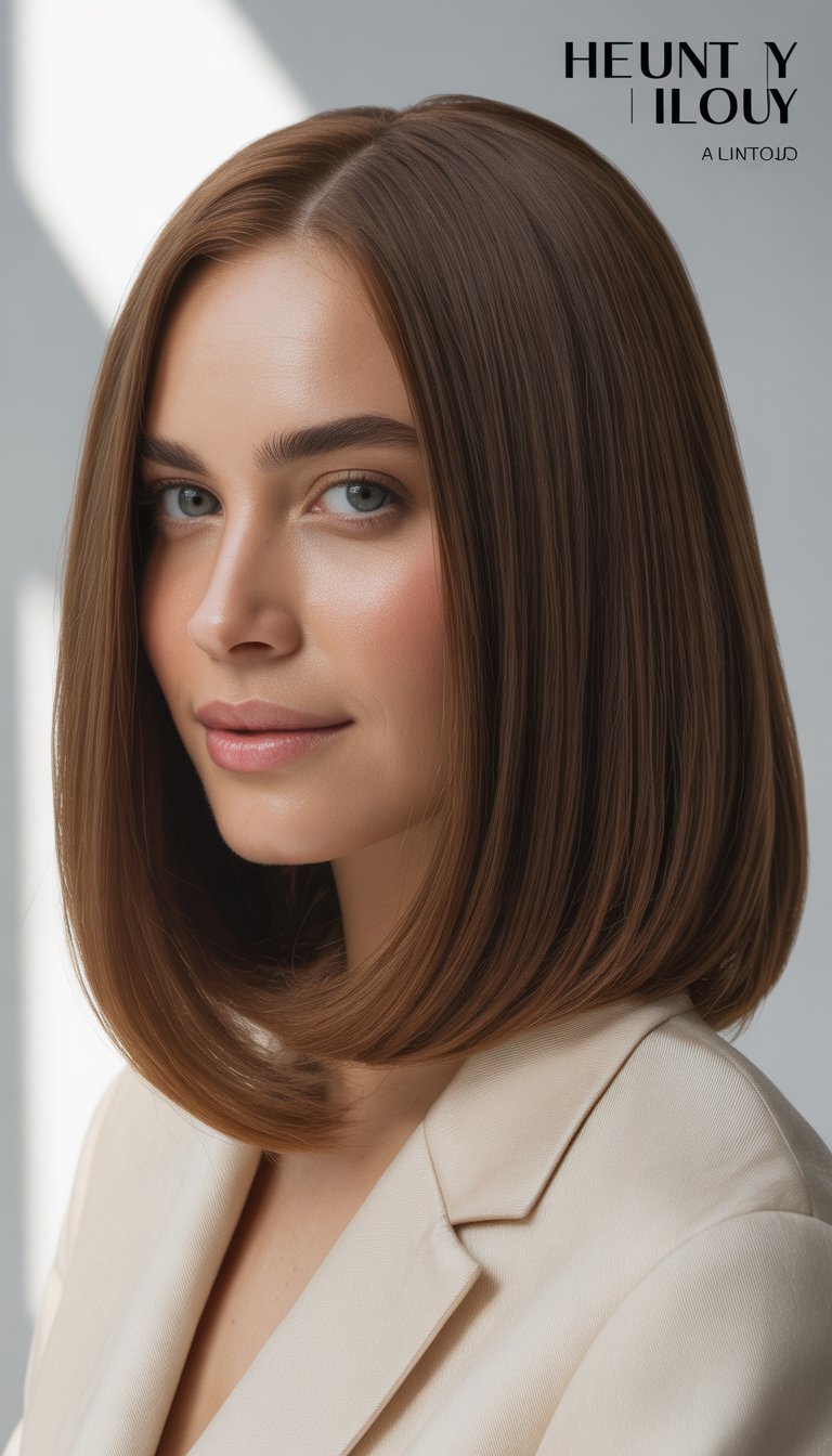A woman with medium-length straight hair posing in a bright studio setting.