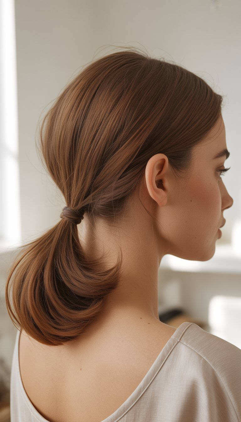 A woman with medium-length hair tied back in a low ponytail against a plain background.