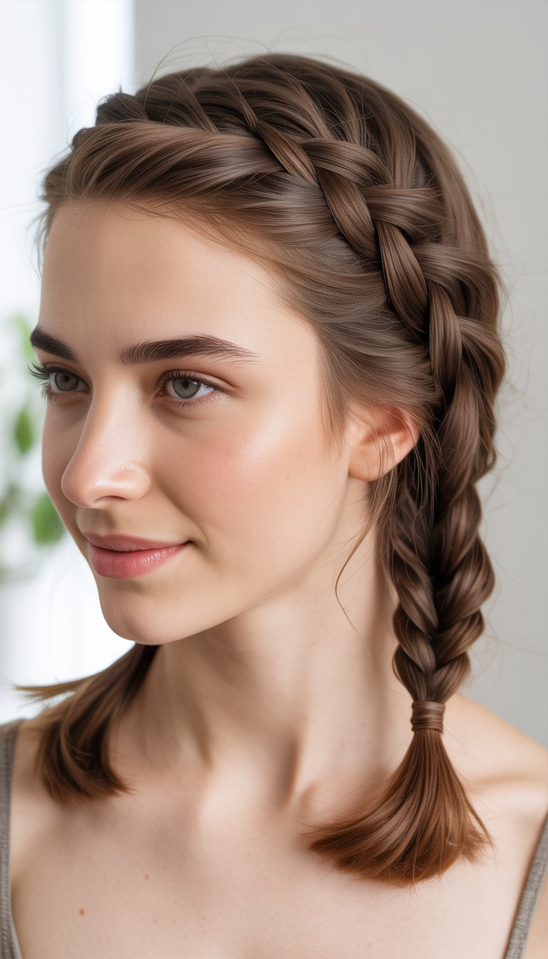 A woman with medium-length hair styled in a fishtail braid against a plain background.