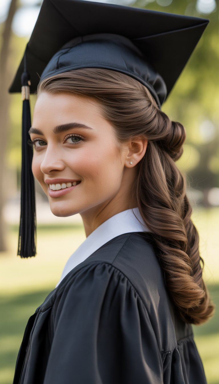 A young woman wearing a graduation gown and cap, smiling outdoors with her hair styled half-up and loose.