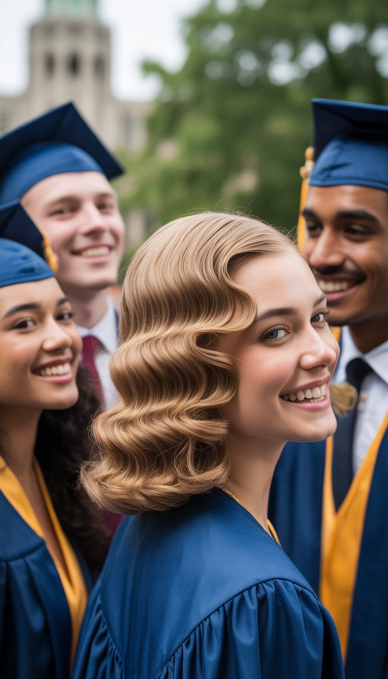 A group of young graduates outdoors wearing caps and gowns, smiling and celebrating.