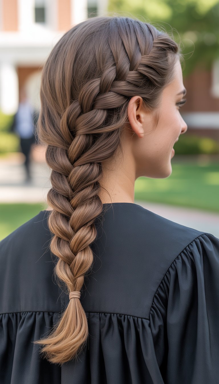 A young woman wearing a graduation gown with a fishtail braid hairstyle, shown from the back and side outdoors.