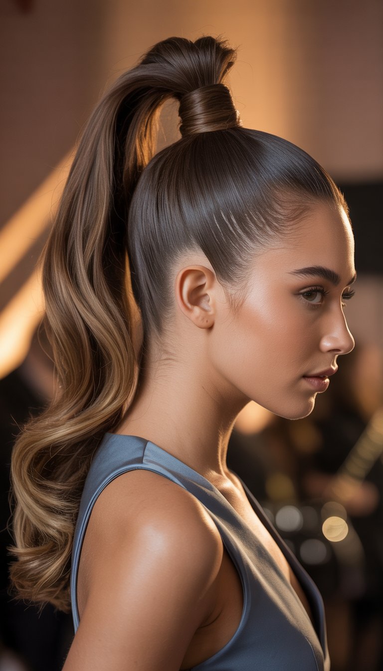 A young woman with a sleek high ponytail hairstyle, standing against a softly blurred background.