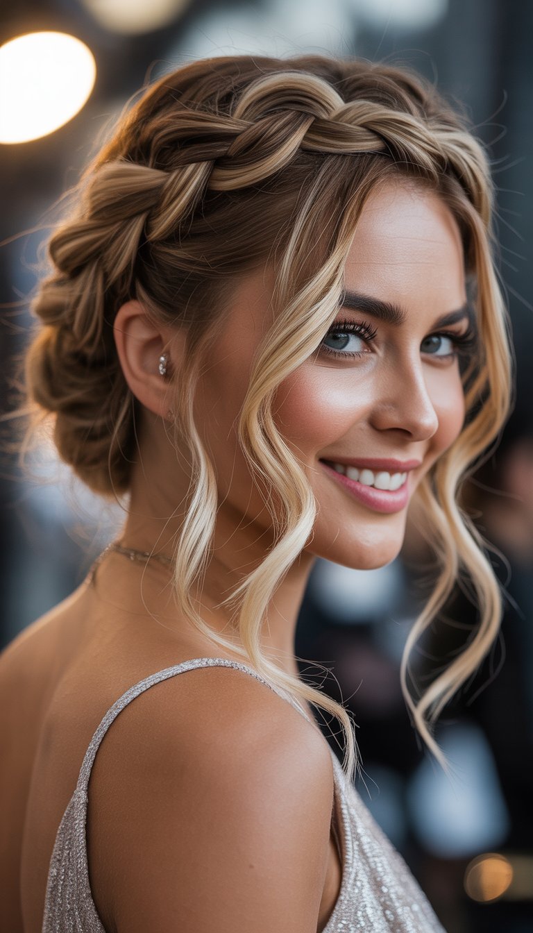 Close-up of a woman with a braided crown hairstyle and loose tendrils around her face, smiling gently.