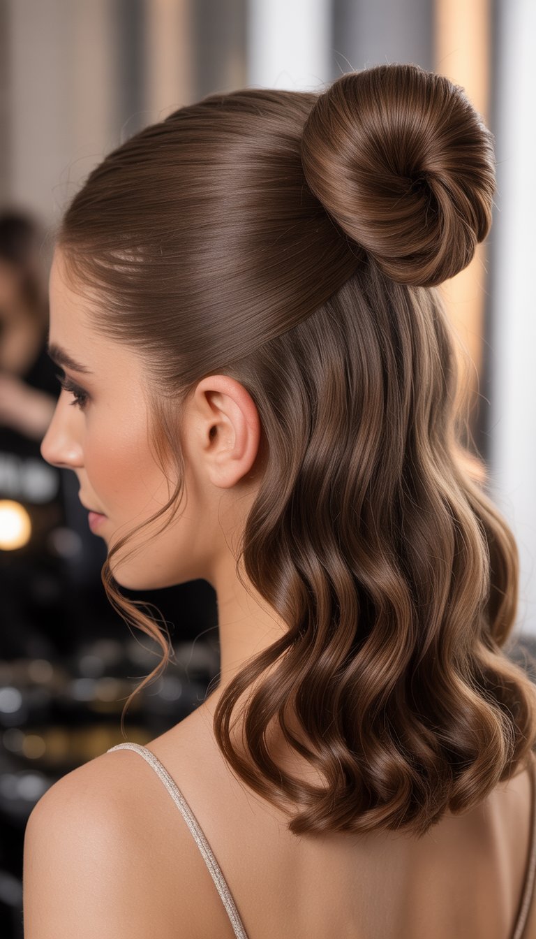 A woman with her hair styled in a half-up twisted bun, shown from the side and back.