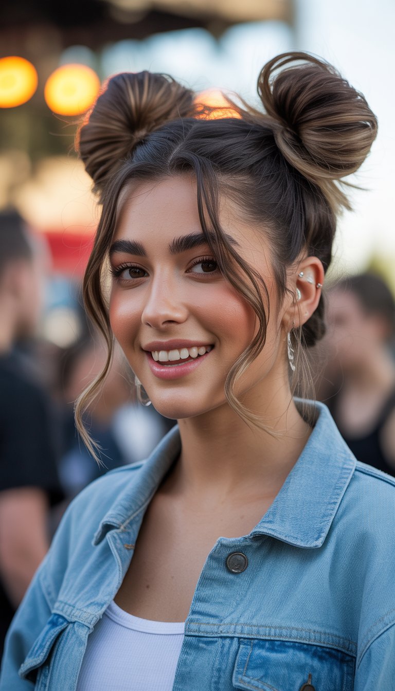 A young woman with space buns and face-framing strands smiling outdoors at a concert.