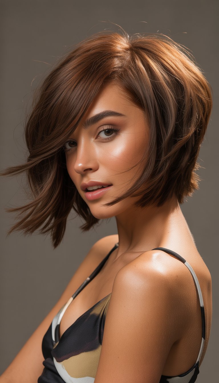 A woman with a textured bob hairstyle swept to the side, posed confidently against a dark background.