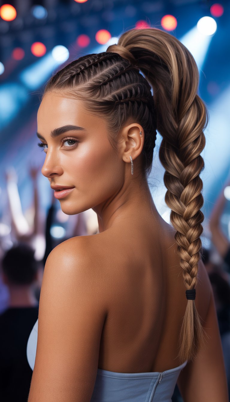 A woman with a high braided ponytail hairstyle, smiling against a blurred background with colorful lights.