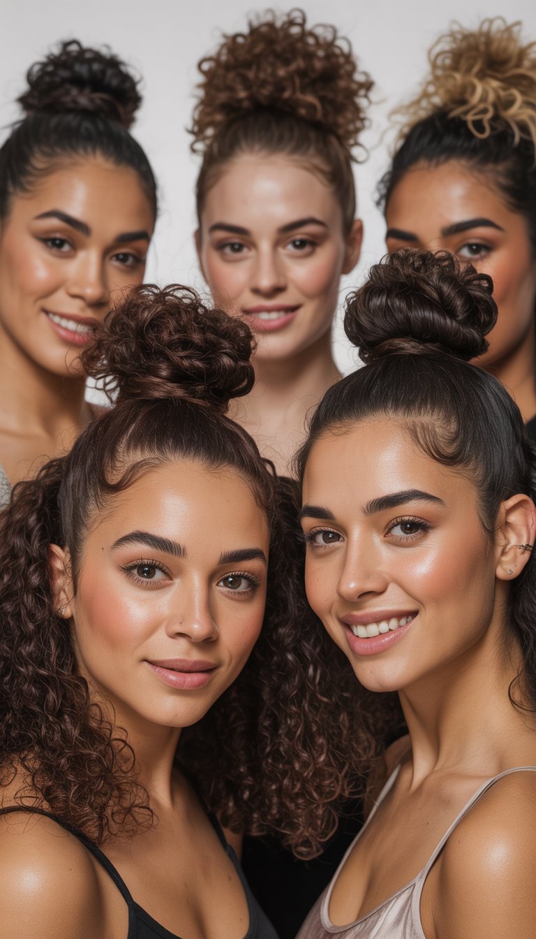 A group of women with curly hair styled in top knots, posing confidently in a studio setting.