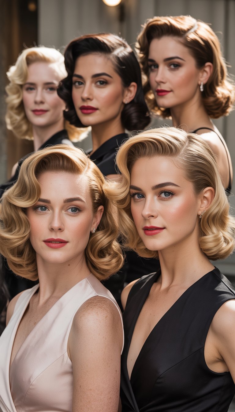 A group of women posing together with elegant hairstyles and stylish outfits against a neutral background.