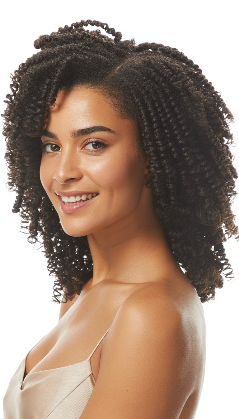 A woman with defined finger coil curls smiling against a plain background.