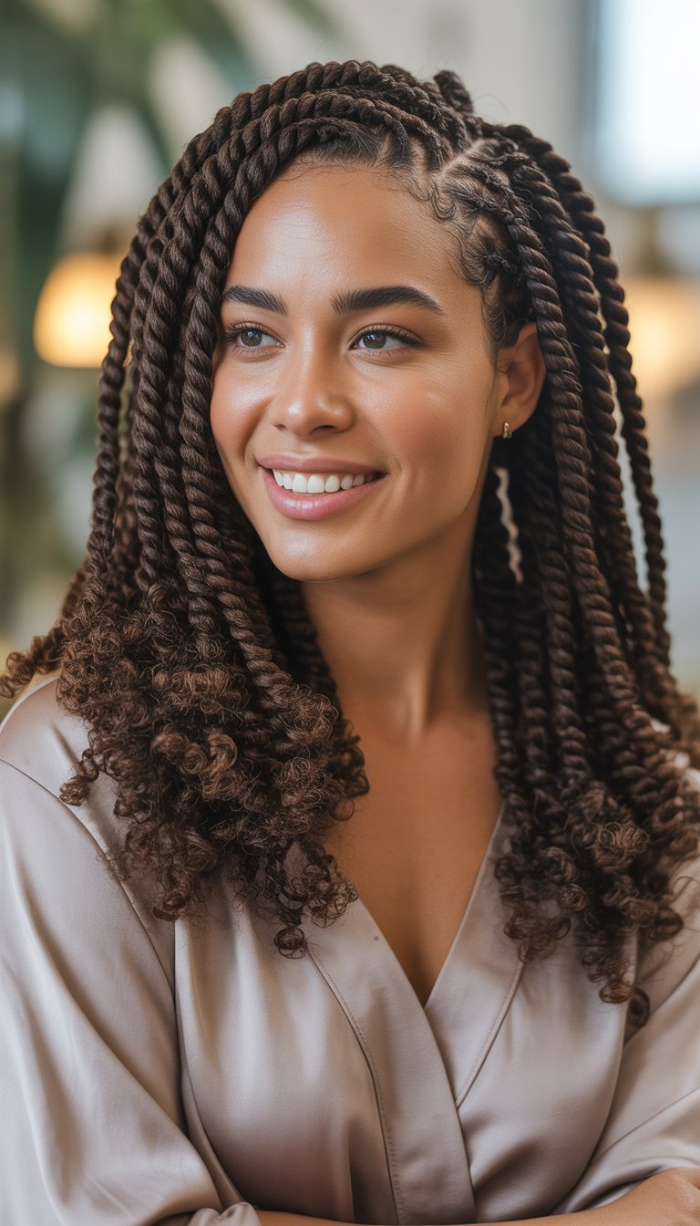 A woman with twist braids in curly hair smiling and looking slightly to the side against a softly blurred background.
