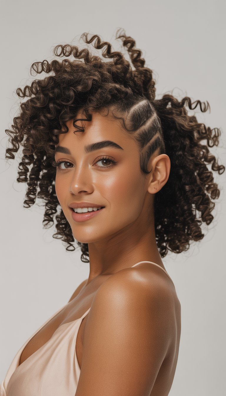 A woman with a curly frohawk hairstyle smiling against a plain background.