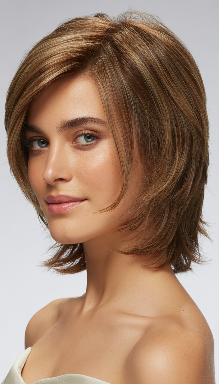 Portrait of a woman with medium-length layered hair, smiling gently against a plain background.