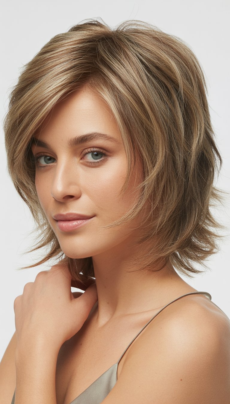 A woman with shoulder-length shaggy hair styled with textured ends, looking confidently at the camera against a plain background.