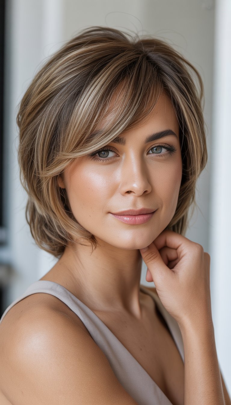 A woman with side-swept bangs and a layered shoulder-length haircut smiling against a plain background.