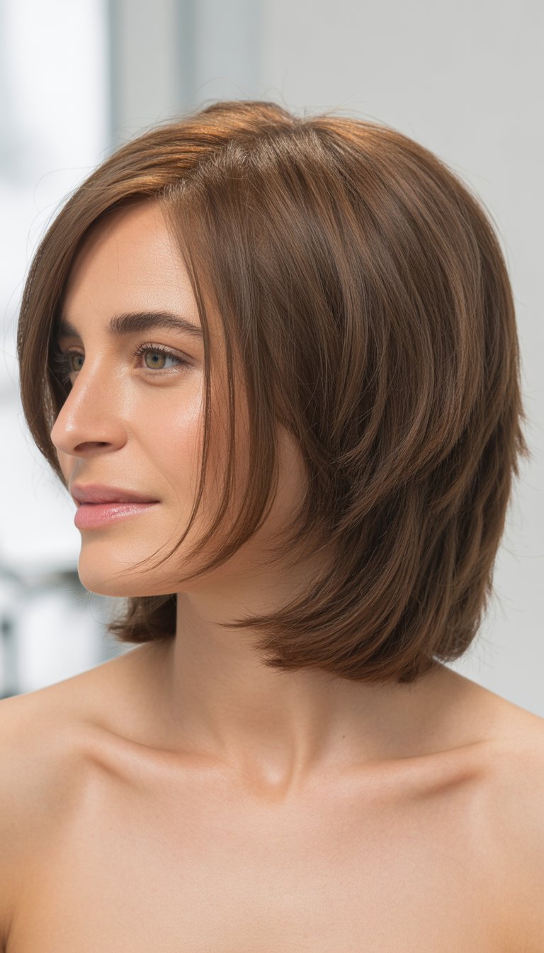 Close-up of a woman with shoulder-length hair styled in a blunt cut with layered texture, smiling gently against a plain background.