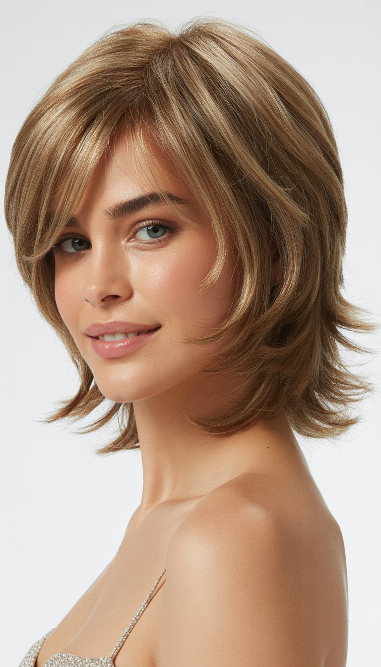 A woman with medium-length layered hair and curtain bangs smiling against a plain background.