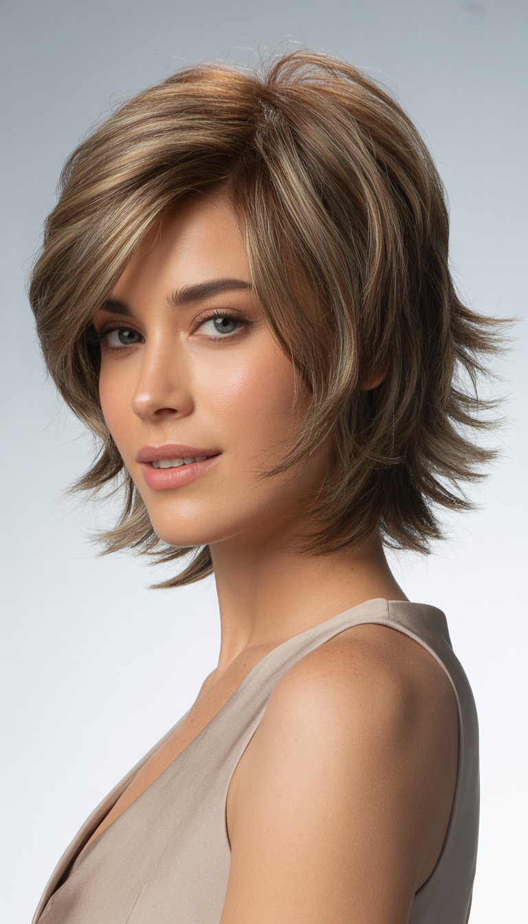 A woman with an asymmetrical shaggy lob haircut posing against a plain background.