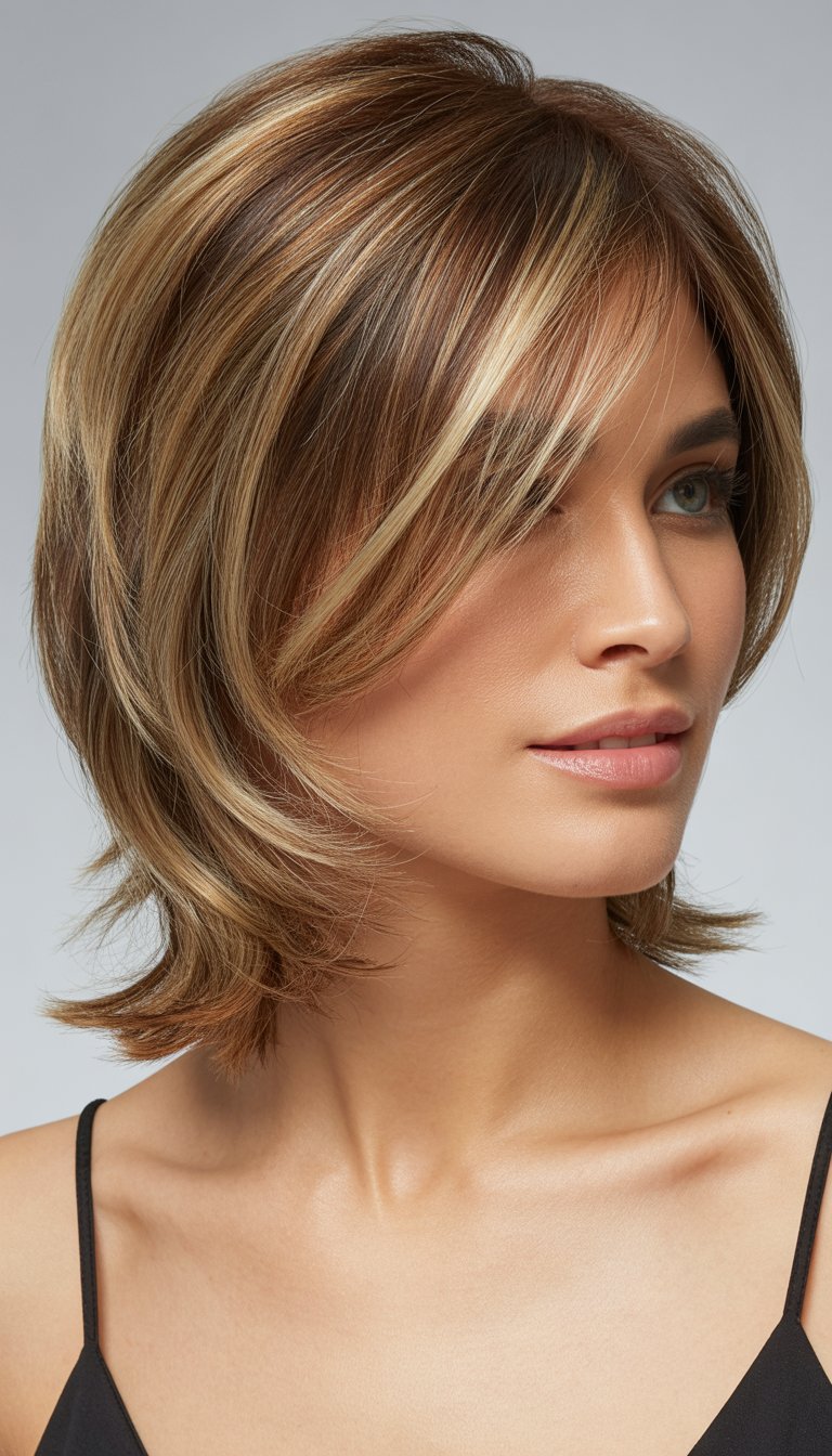 Portrait of a woman with shoulder-length layered hair and balayage highlights, smiling against a neutral background.