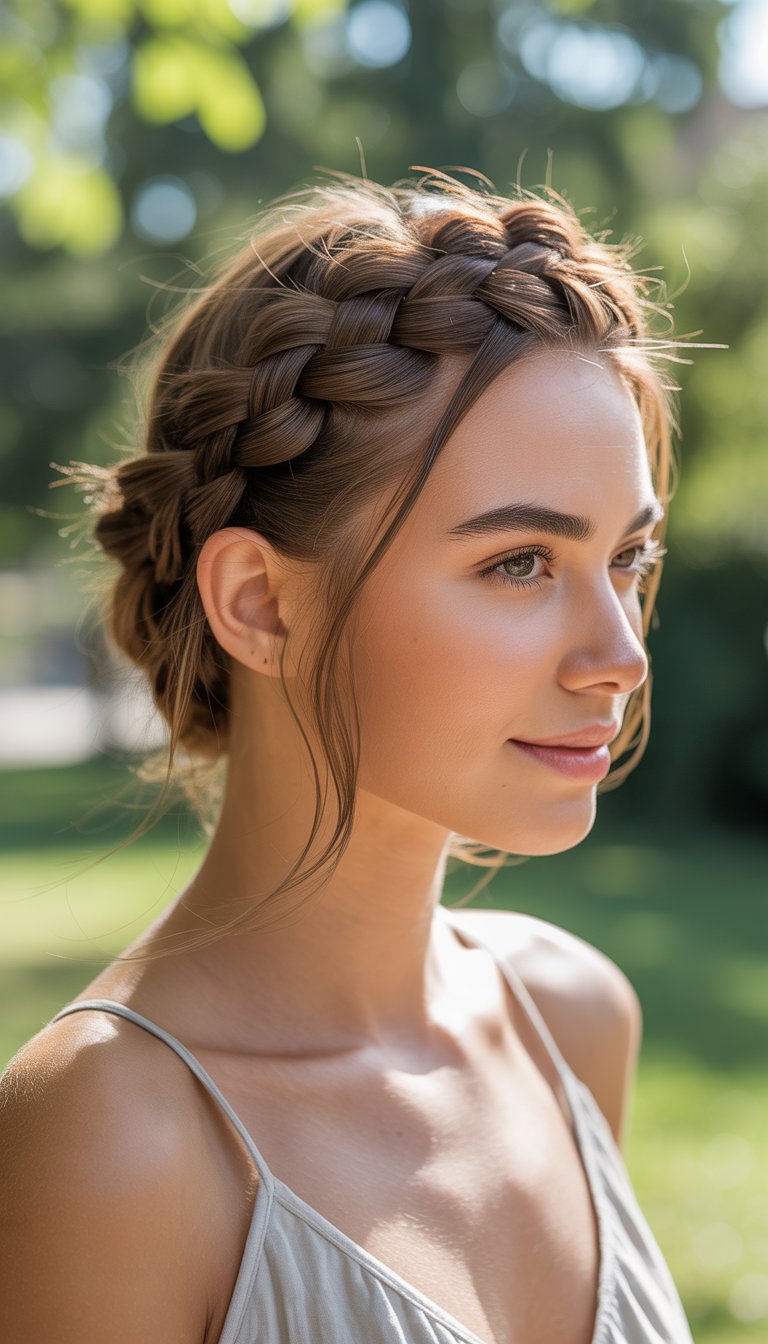 A young woman outdoors with a braided crown hairstyle standing in a sunny garden.