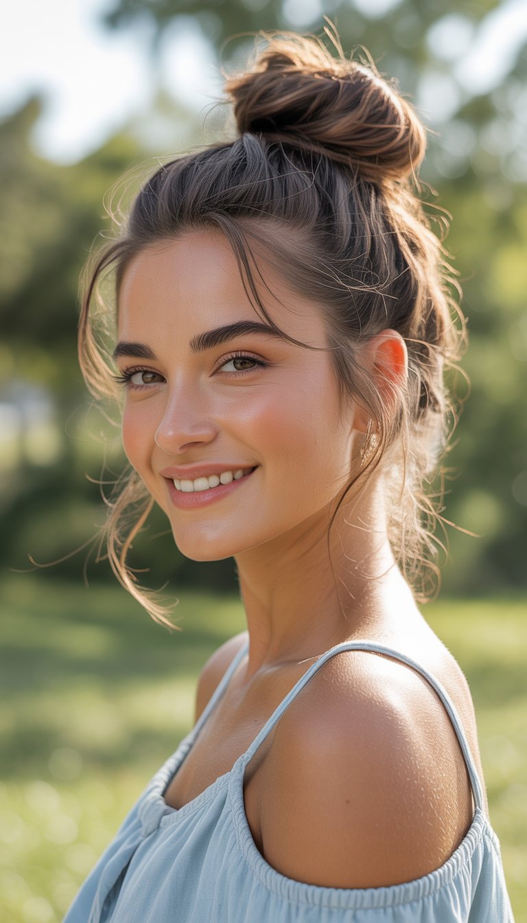 A young woman outdoors with a messy bun hairstyle, smiling gently in bright sunlight with a blurred green background.