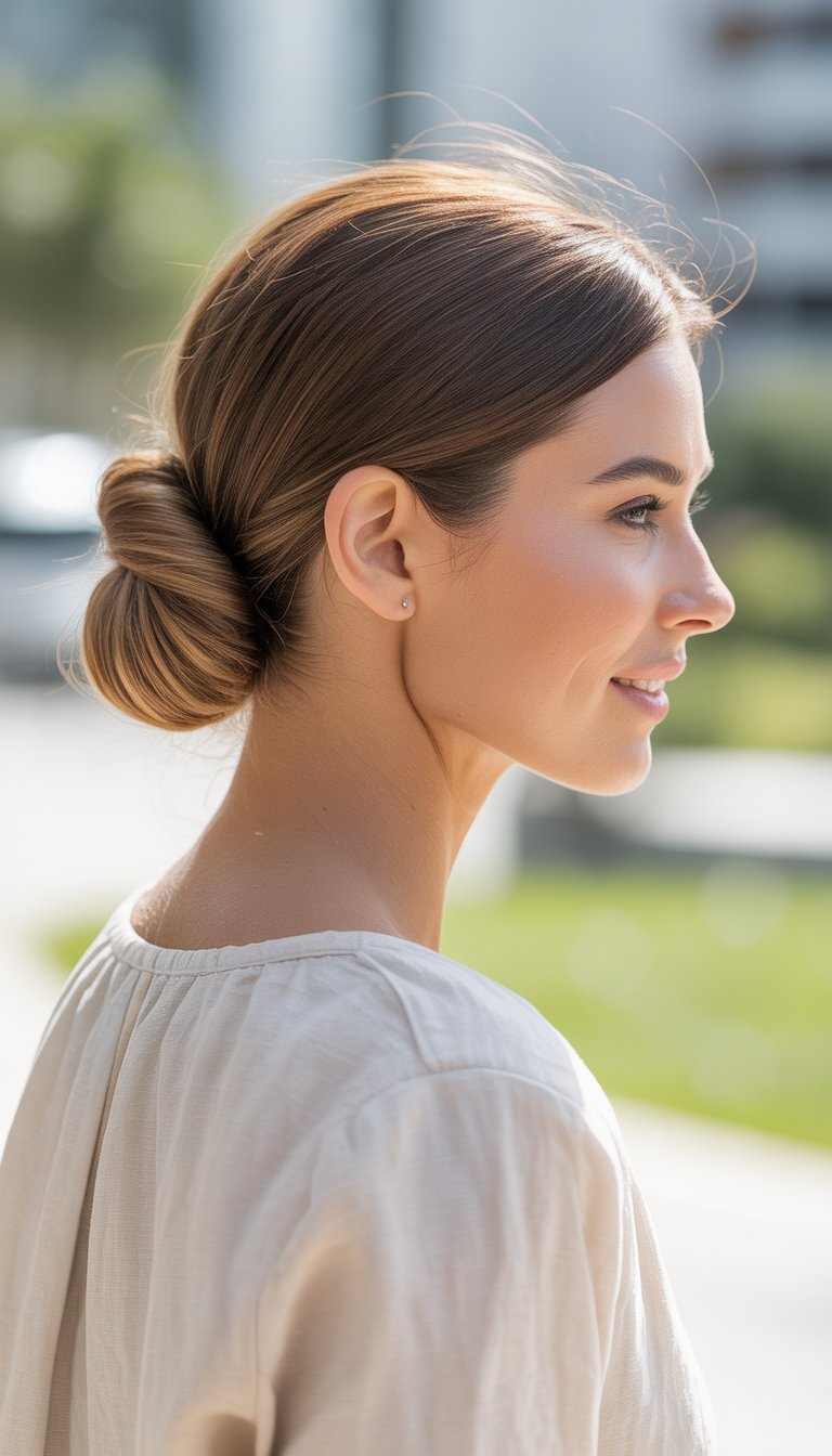 Portrait of a woman outdoors with a low bun hairstyle, wearing light summer clothing in a sunlit setting.