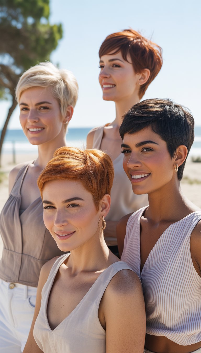A group of women outdoors on a sunny day, each with a short pixie haircut, wearing light summer clothes and smiling.