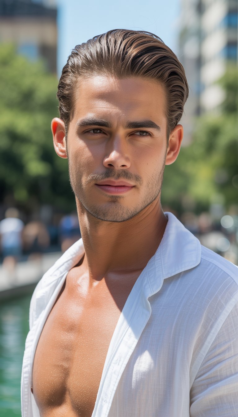 A young man with slicked back hair standing outdoors in bright sunlight wearing a white shirt.
