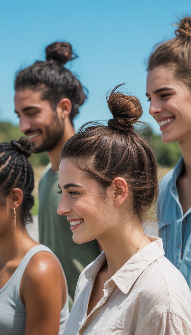 Group of smiling young adults outdoors on a sunny day, each with a half-up top knot hairstyle, wearing summer clothes.