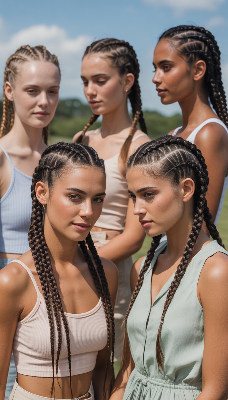 A group of women outdoors on a sunny day, each with a French braid hairstyle, wearing light summer clothes.