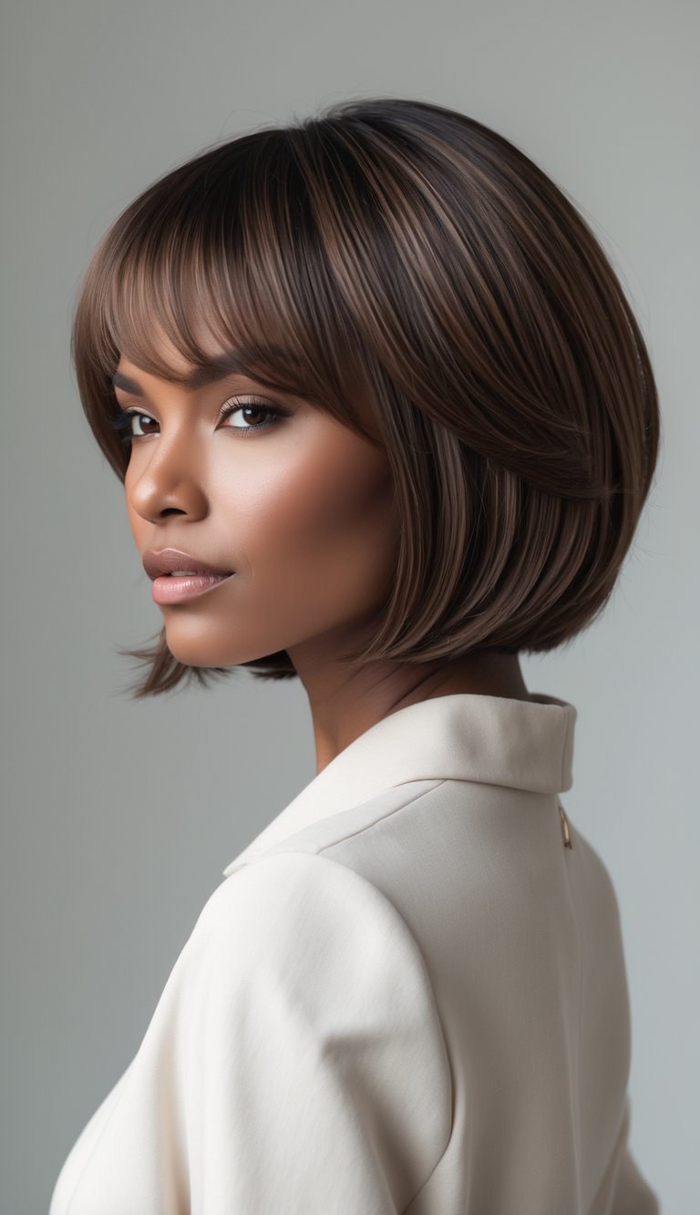A woman with a medium-length bob haircut smiling against a plain background.