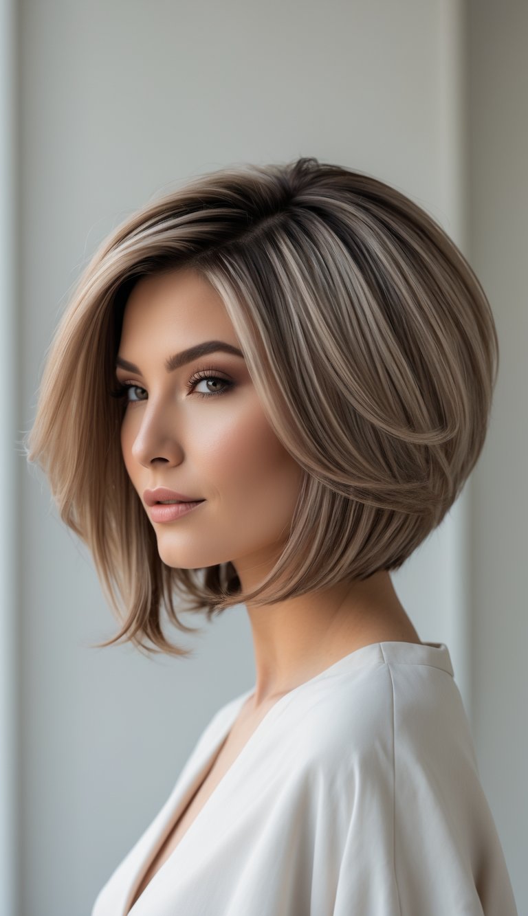 A woman with a layered bob haircut posing against a neutral background.