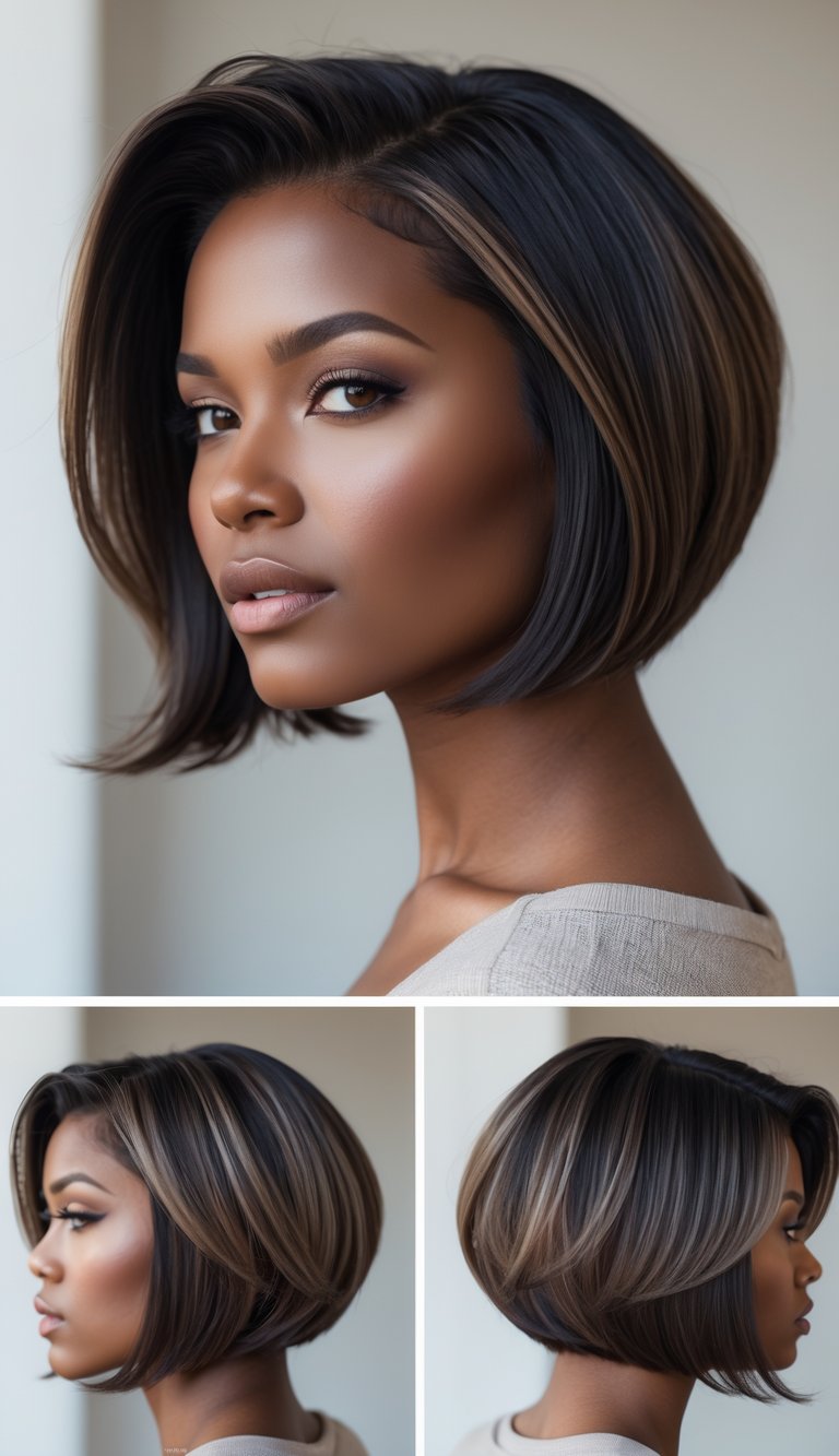 A woman with a stylish bob haircut with layered, blunt ends, posing against a plain background.
