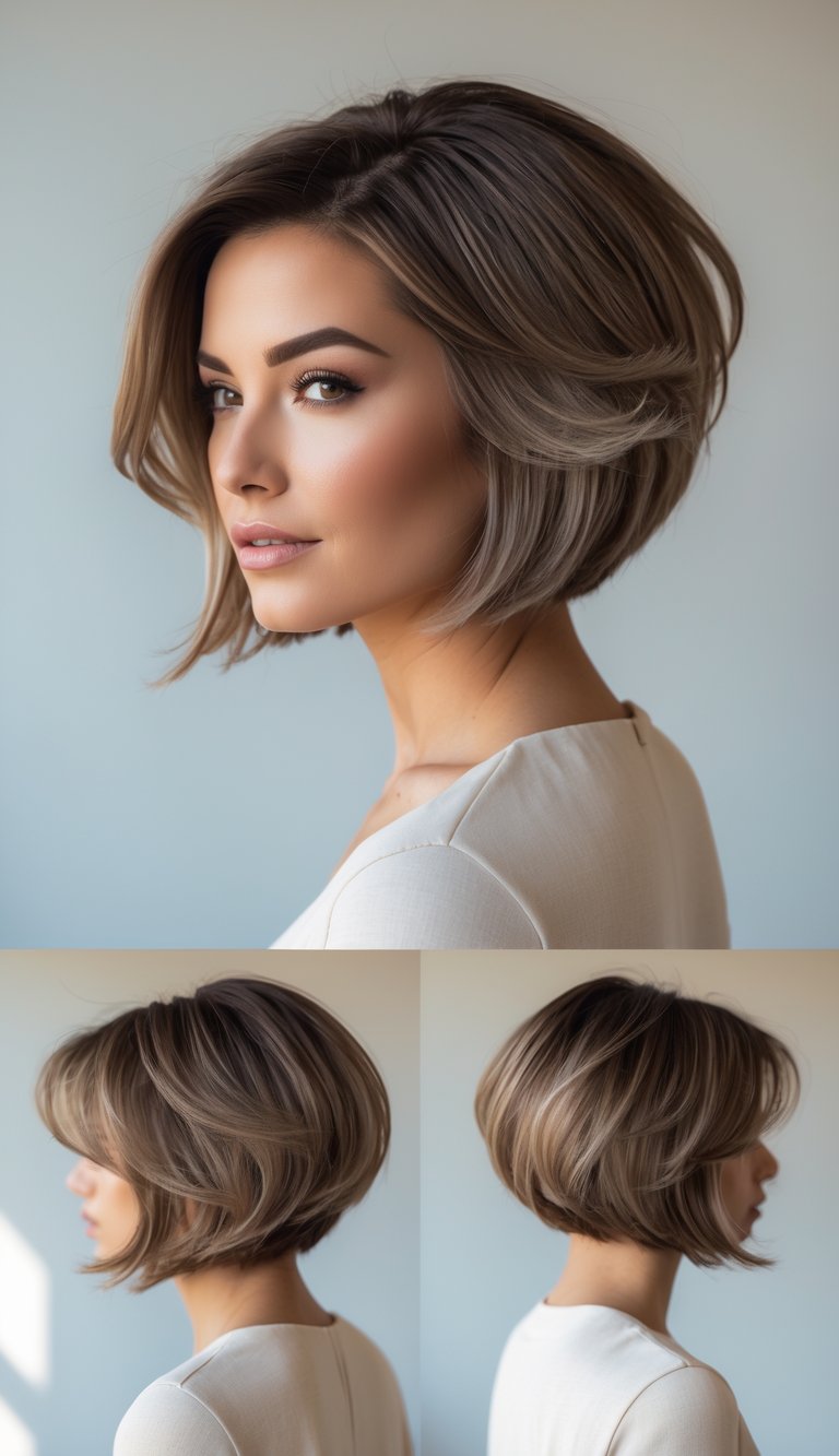 Portrait of a woman with a layered bob haircut against a plain background.