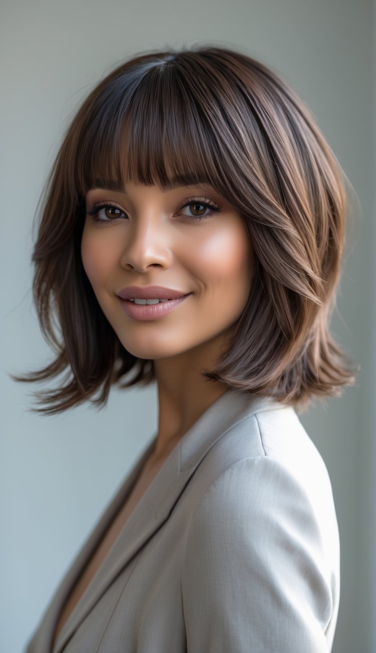 A woman with a layered bob haircut and curtain bangs smiling in a studio setting.