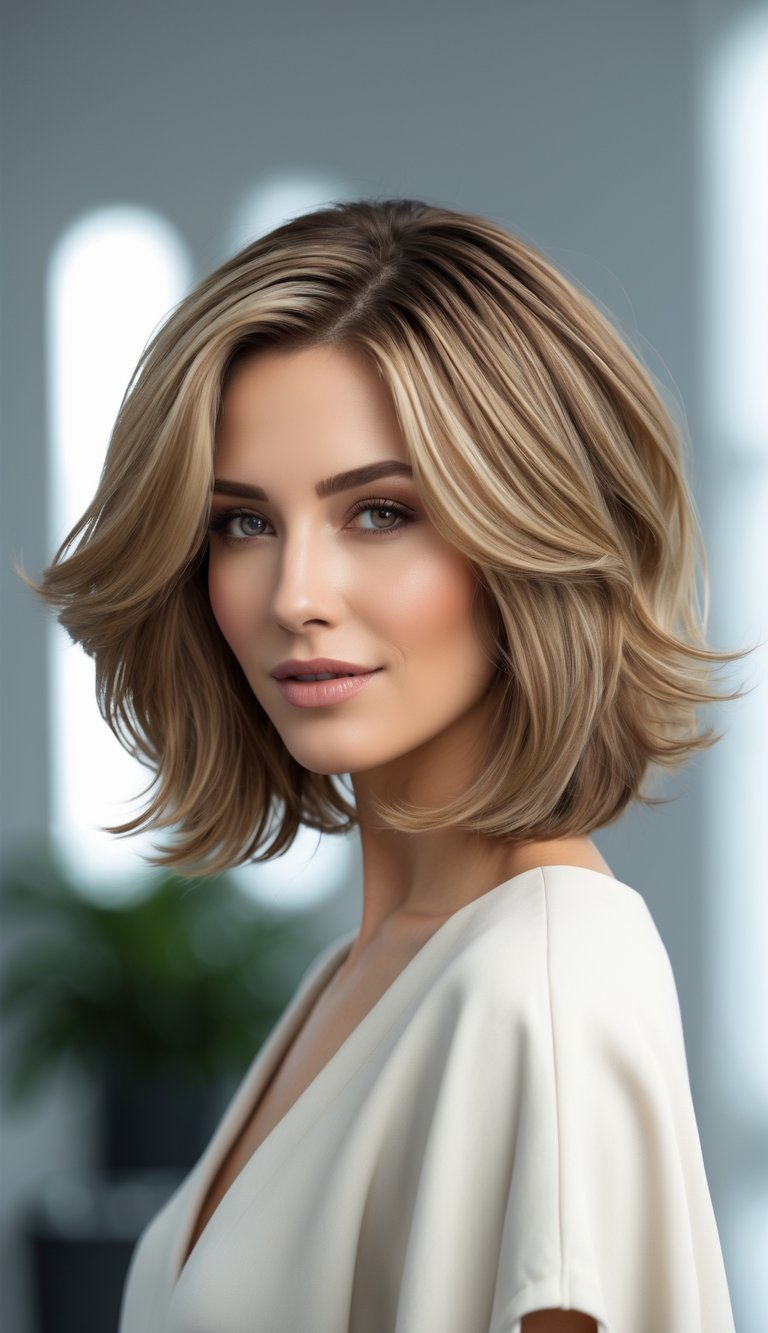 A woman with medium-length wavy hair styled in layered bob, smiling softly in a bright studio setting.