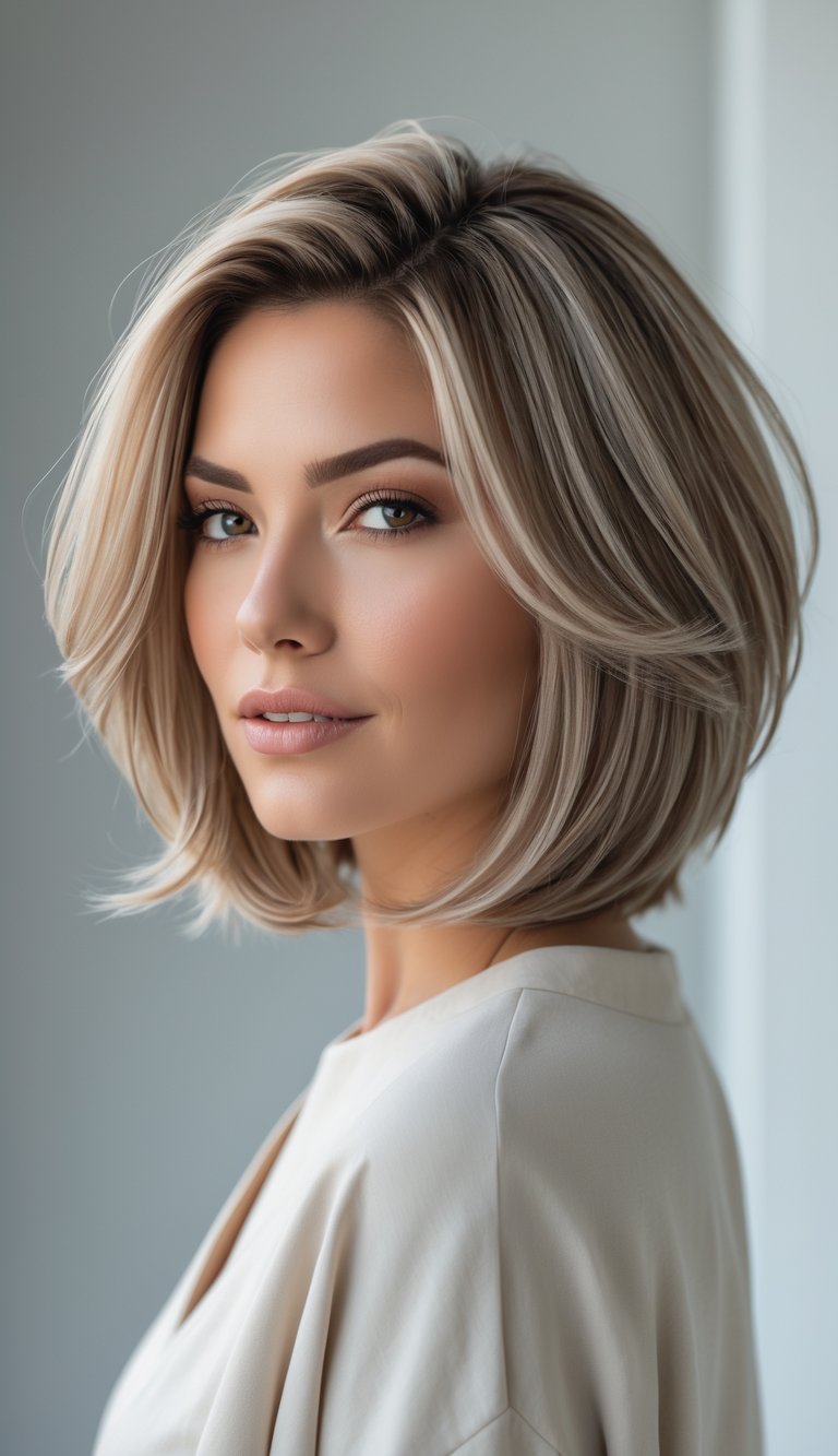 A woman with a layered bob haircut and highlights posing in a studio with a neutral background.